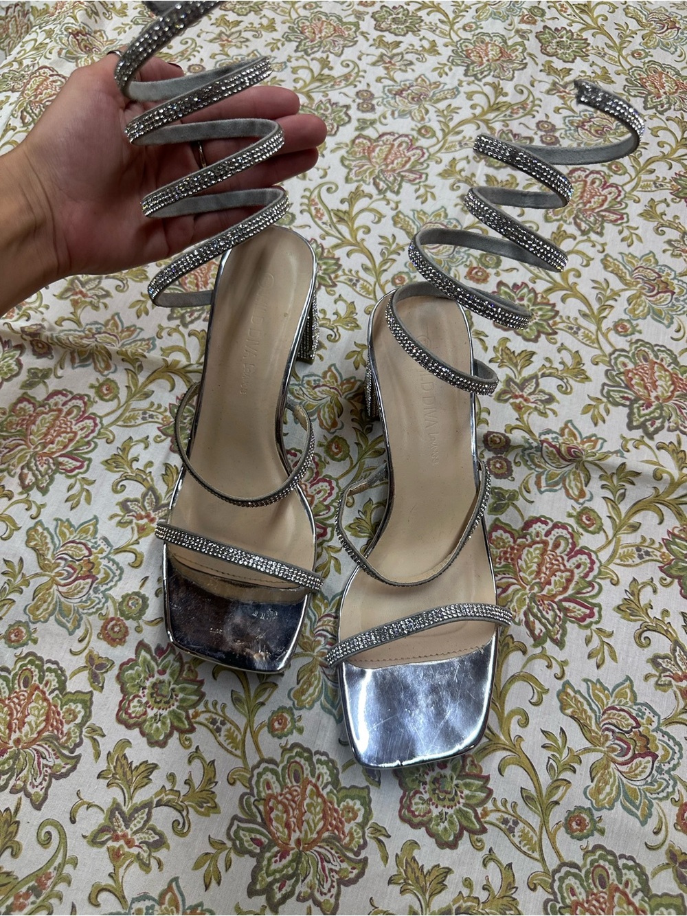 Silver Spiral Wrap Strappy Heels with Rhinestone Detail